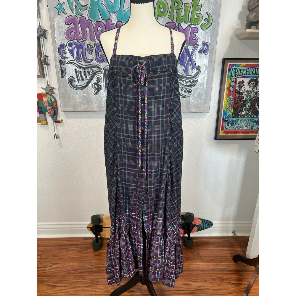Free People We The Free Plaid City Maxi Dress M Purple Boho Grunge Cottagecore